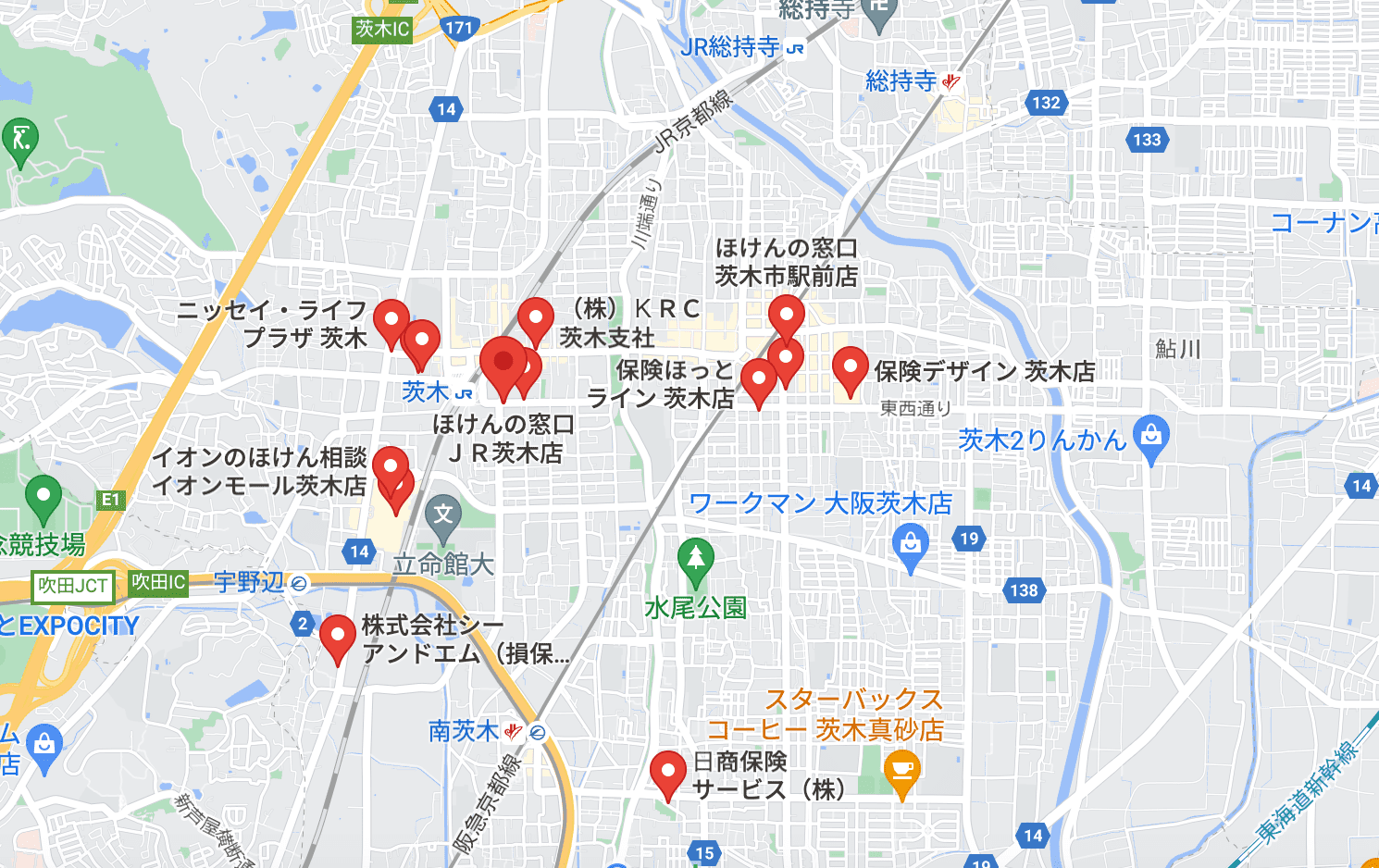 茨木市の保険相談窓口のマップ